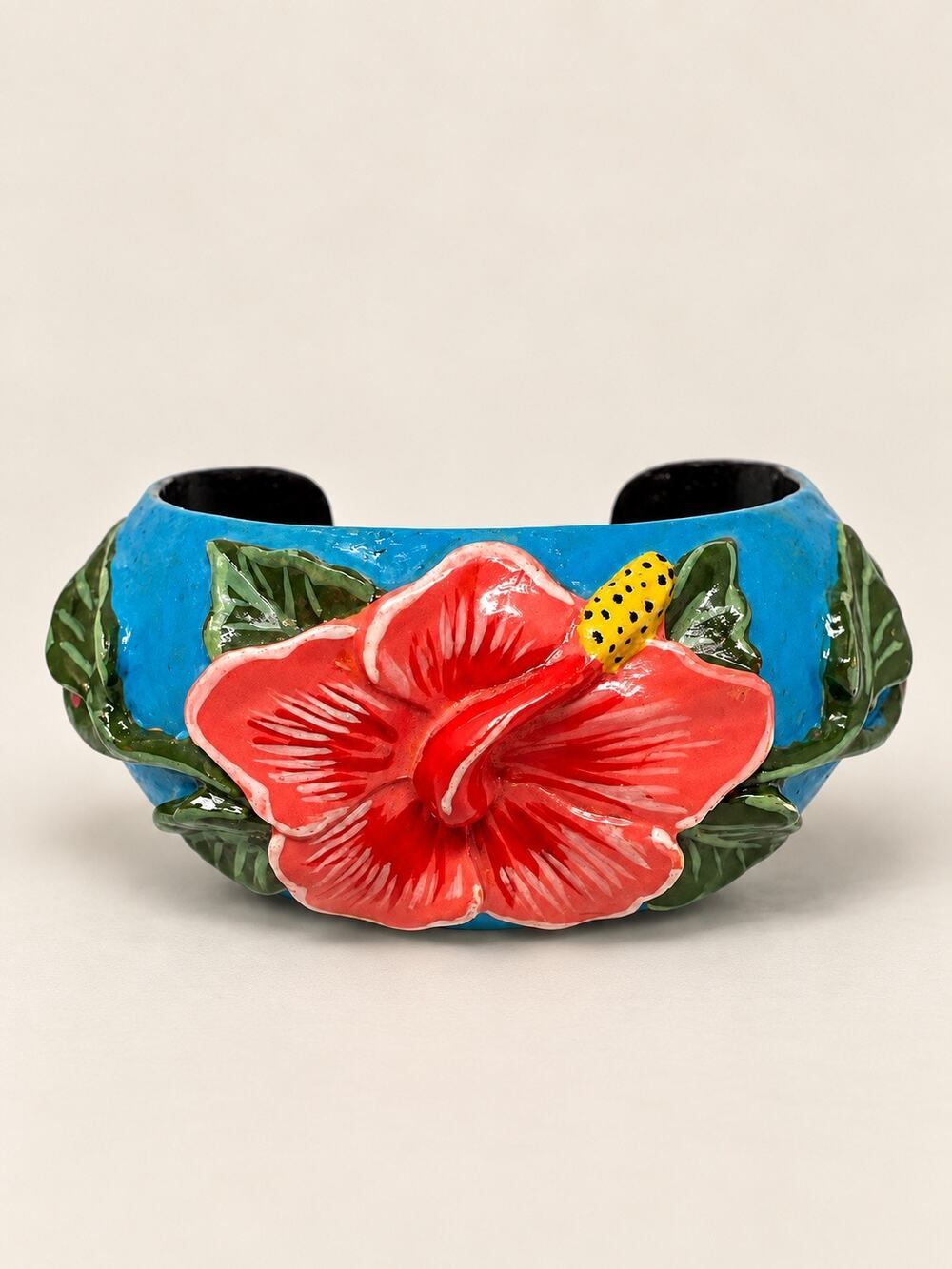 Vintage Turquoise Wood Hibiscus Cuff Bracelet Hand Painted Floral